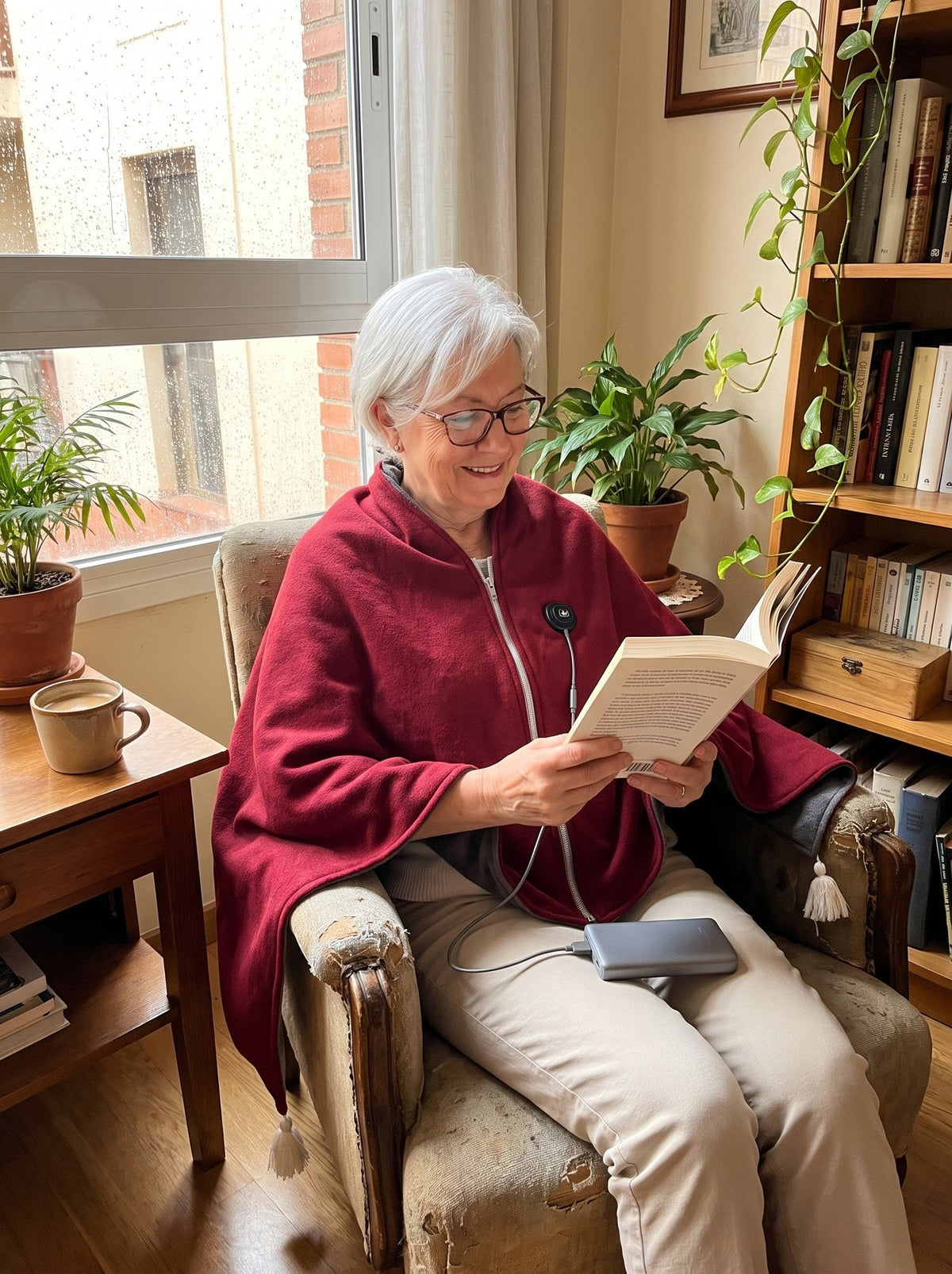 Abuela leyendo con el chal granate y la batería USB