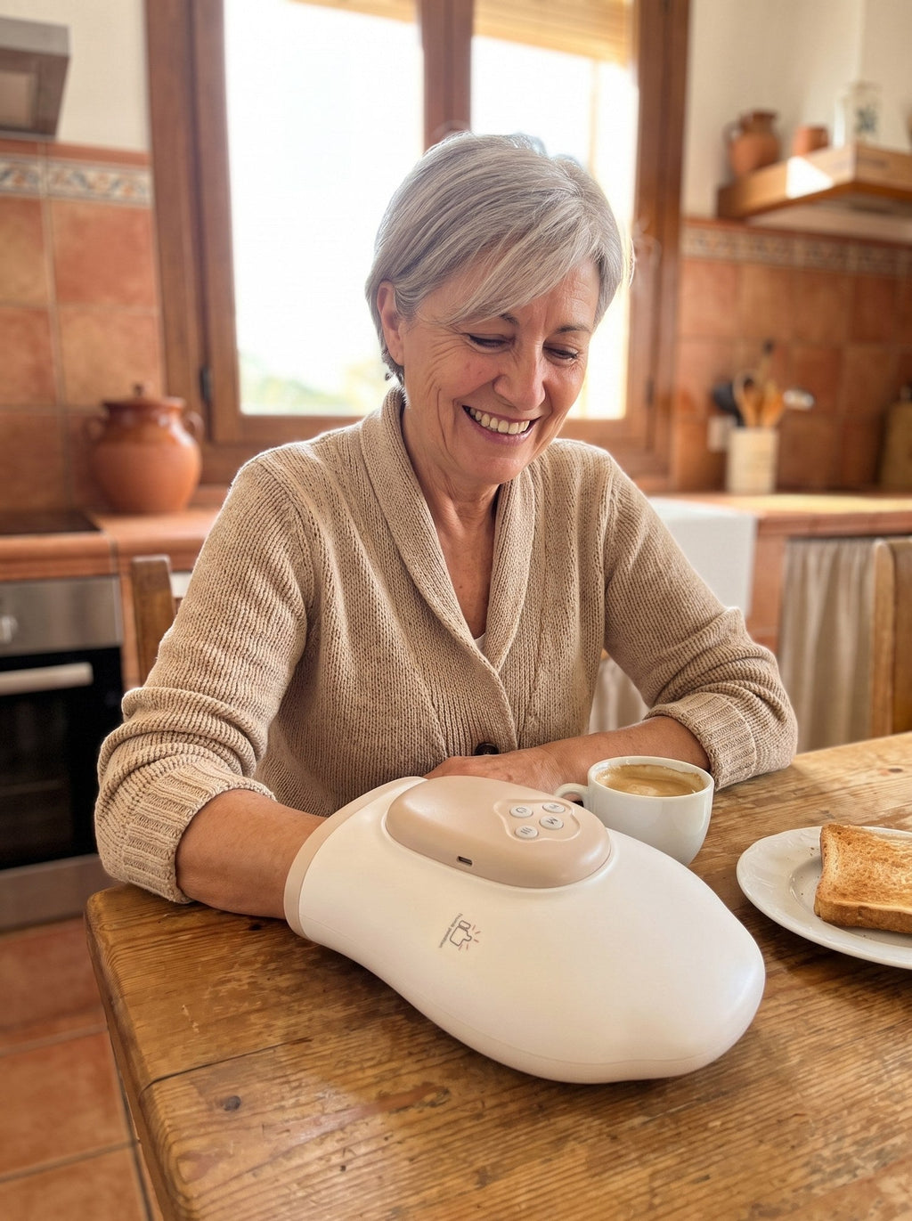 Mujer usando el masajeador de manos Termia con el café de la mañana