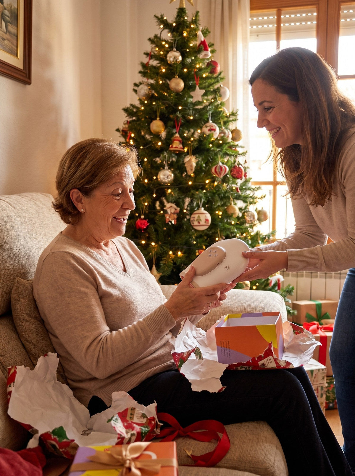 Hija regalando el masajeador de manos Termia a su madre