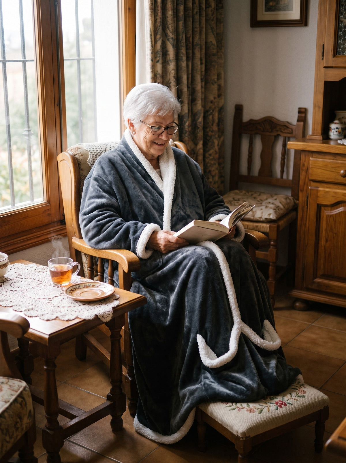 Abuela leyendo en su sillón con la manta calefactable