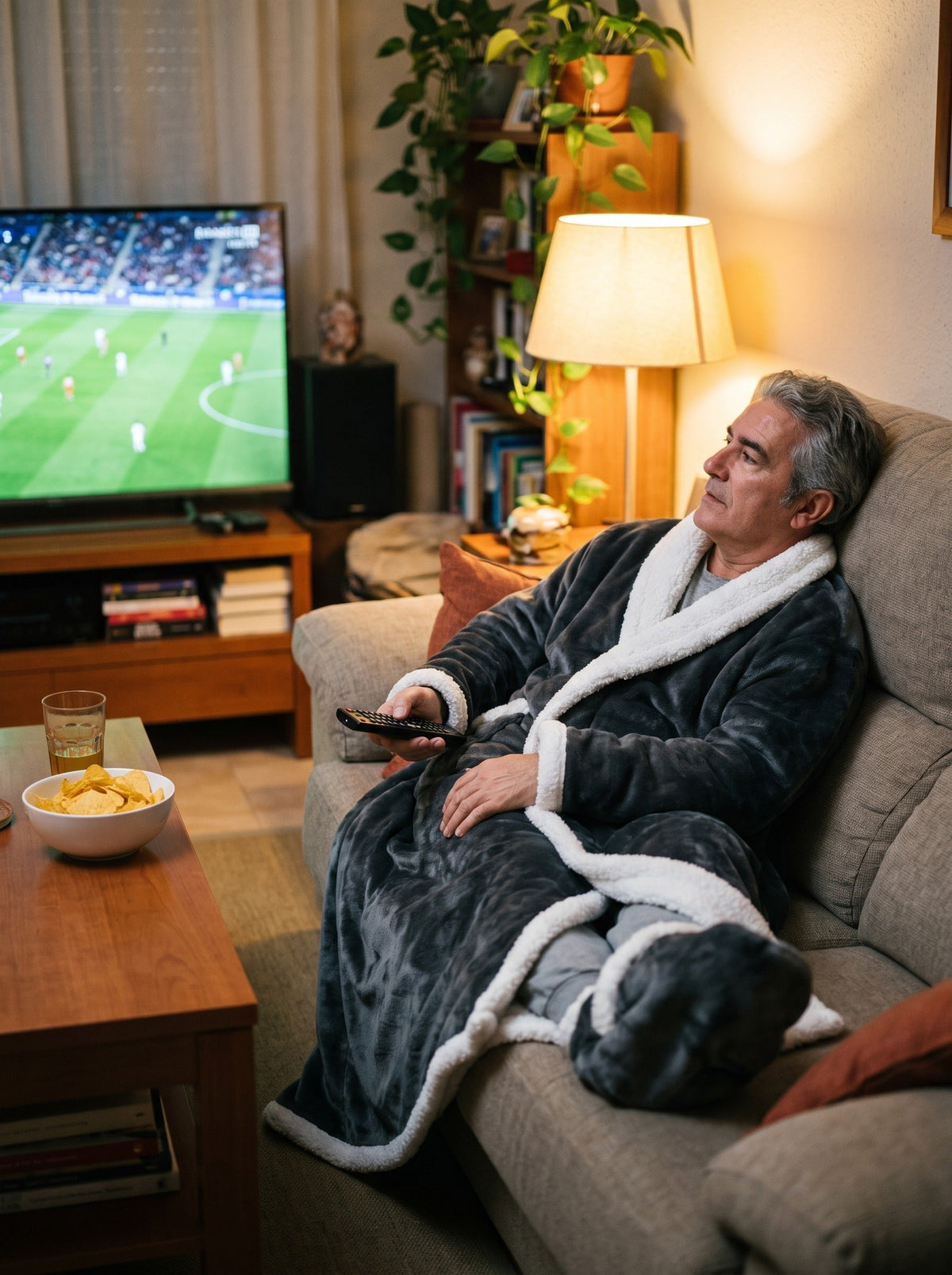 Hombre viendo el fútbol en el sofá con la manta calefactable