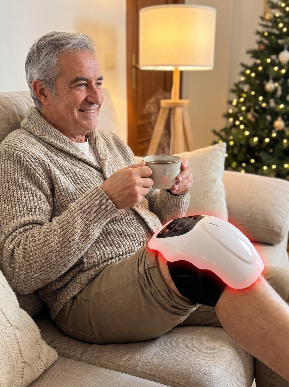 Hombre mayor usando Termia en la rodilla en Navidad