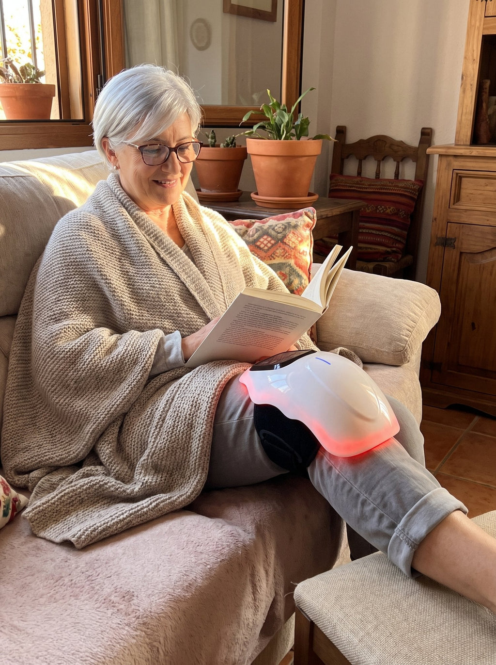 Mujer leyendo en el sofá con Termia en la rodilla