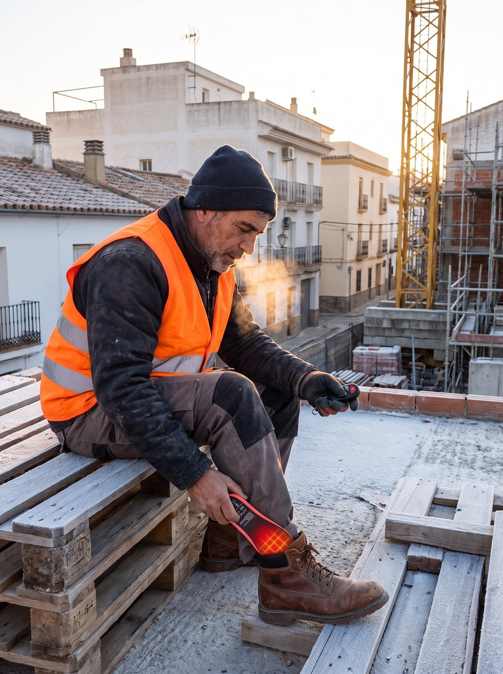 Trabajador poniéndose las plantillas calefactables en la bota