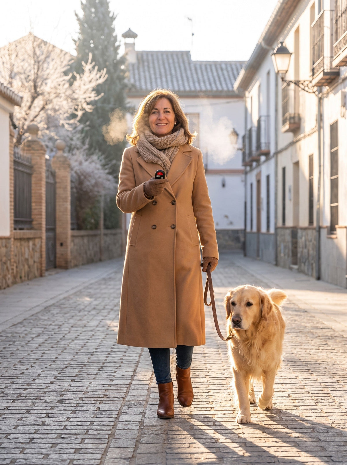Paseo con el perro en una mañana fría con las plantillas
