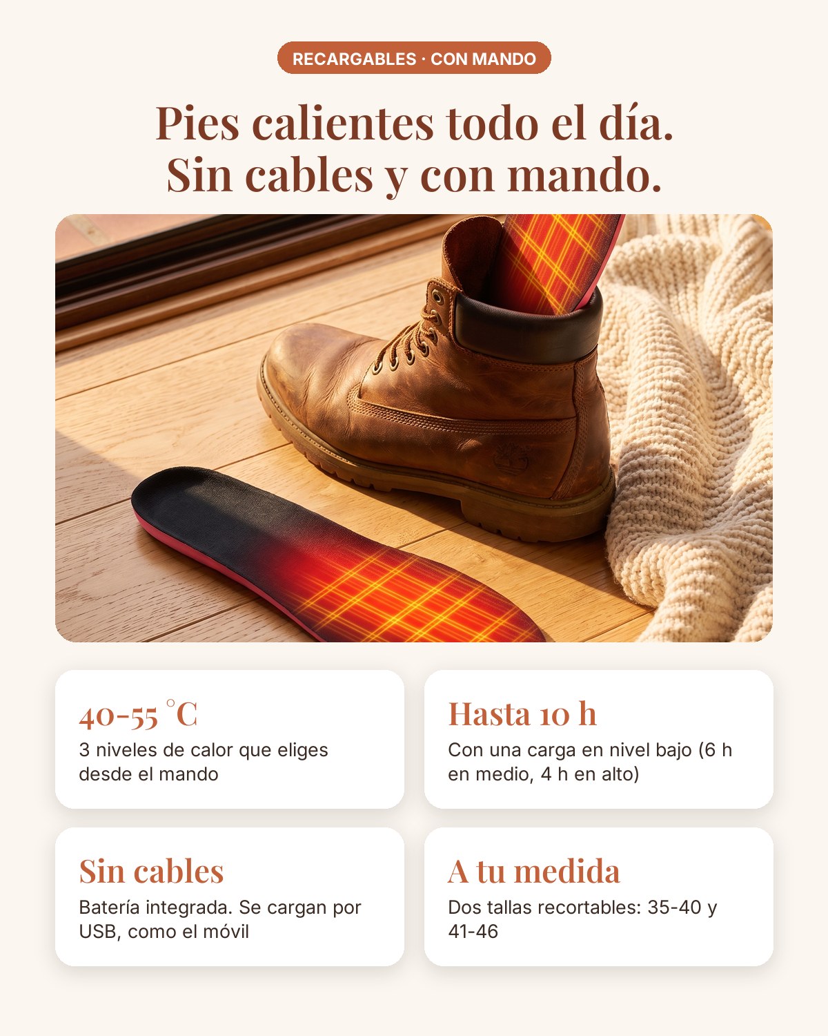 Plantillas calefactables: 3 niveles de calor, hasta 10 horas, sin cables, recortables