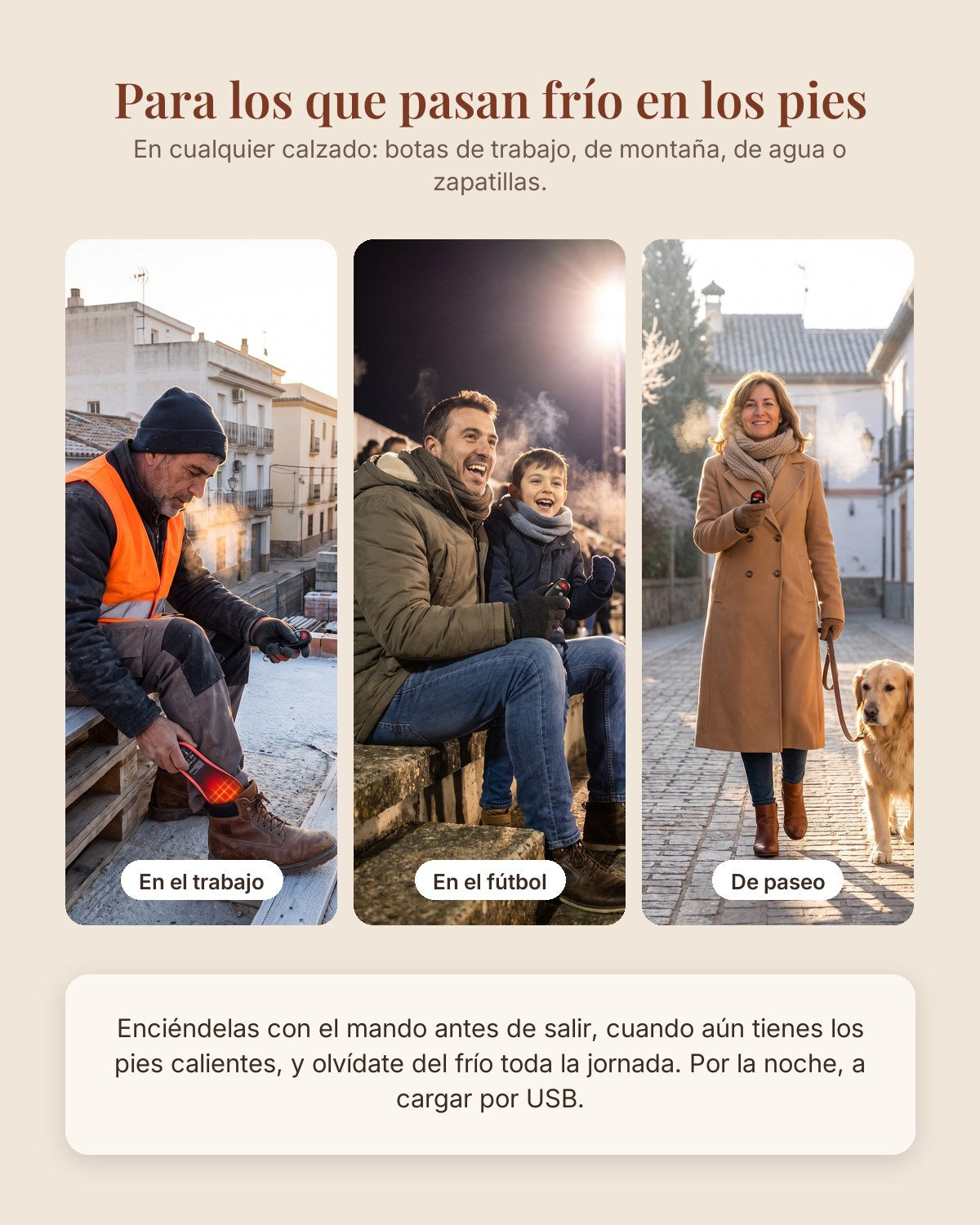 Plantillas calefactables en el trabajo, en el fútbol y de paseo